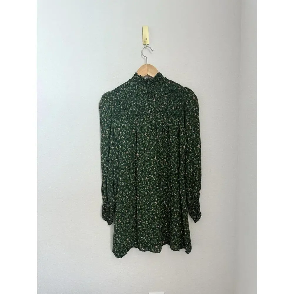 Reformation Brandi Green Floral Long Sleeve Smocked Mock Neck Mini Dress Size S - Picture 6 of 8